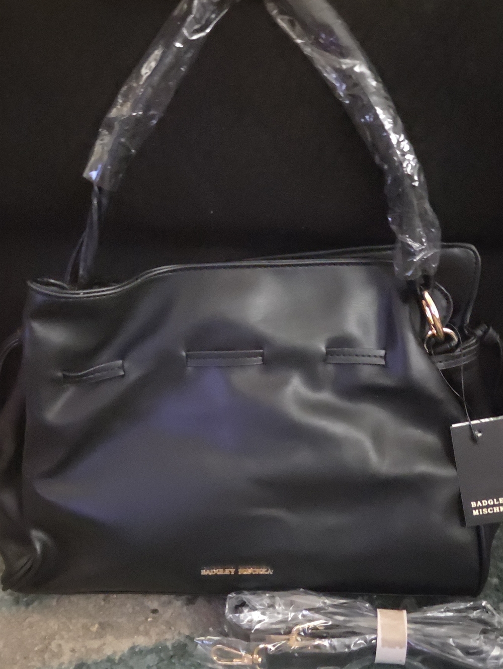 Badgley Mischka Black Shoulder Bucket Bag with Gold Hardware